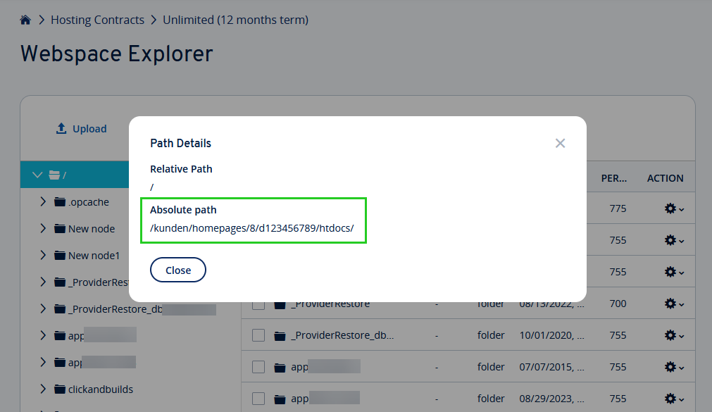 The absolute path highlighted within the Path Details of the Webspace Explorer.