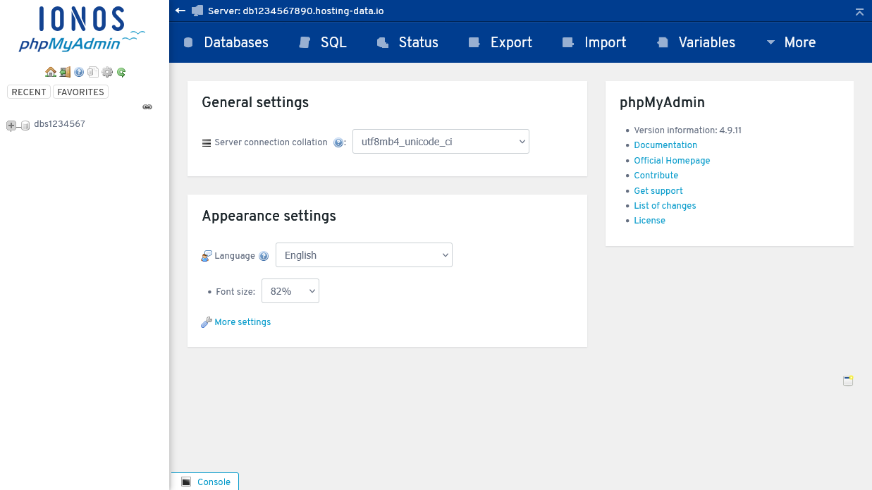 The phpMyAdmin start page.
