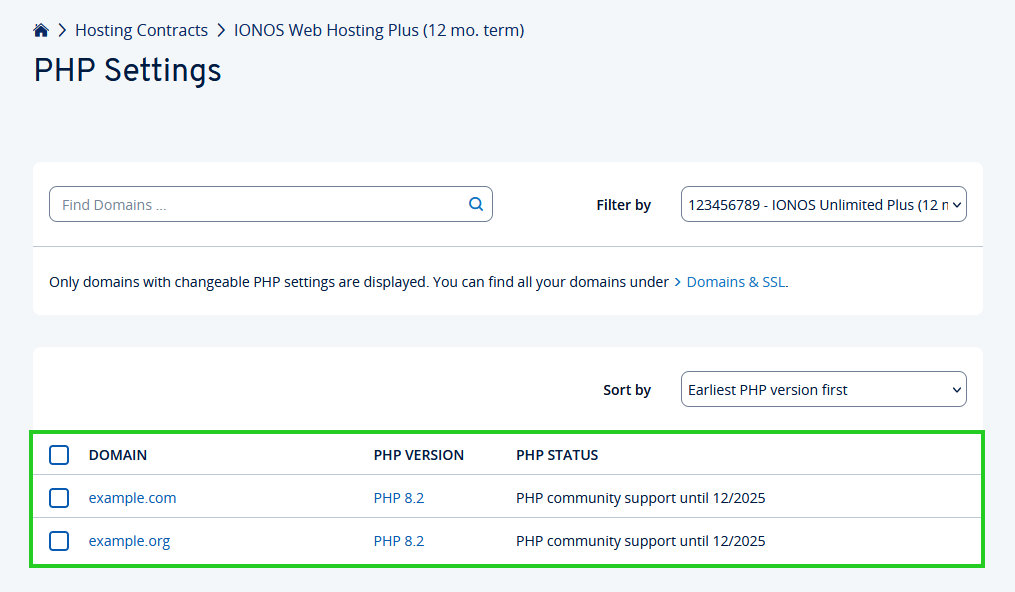 The PHP Settings page of the IONOS account with example domains and their assigned PHP versions highlighted.