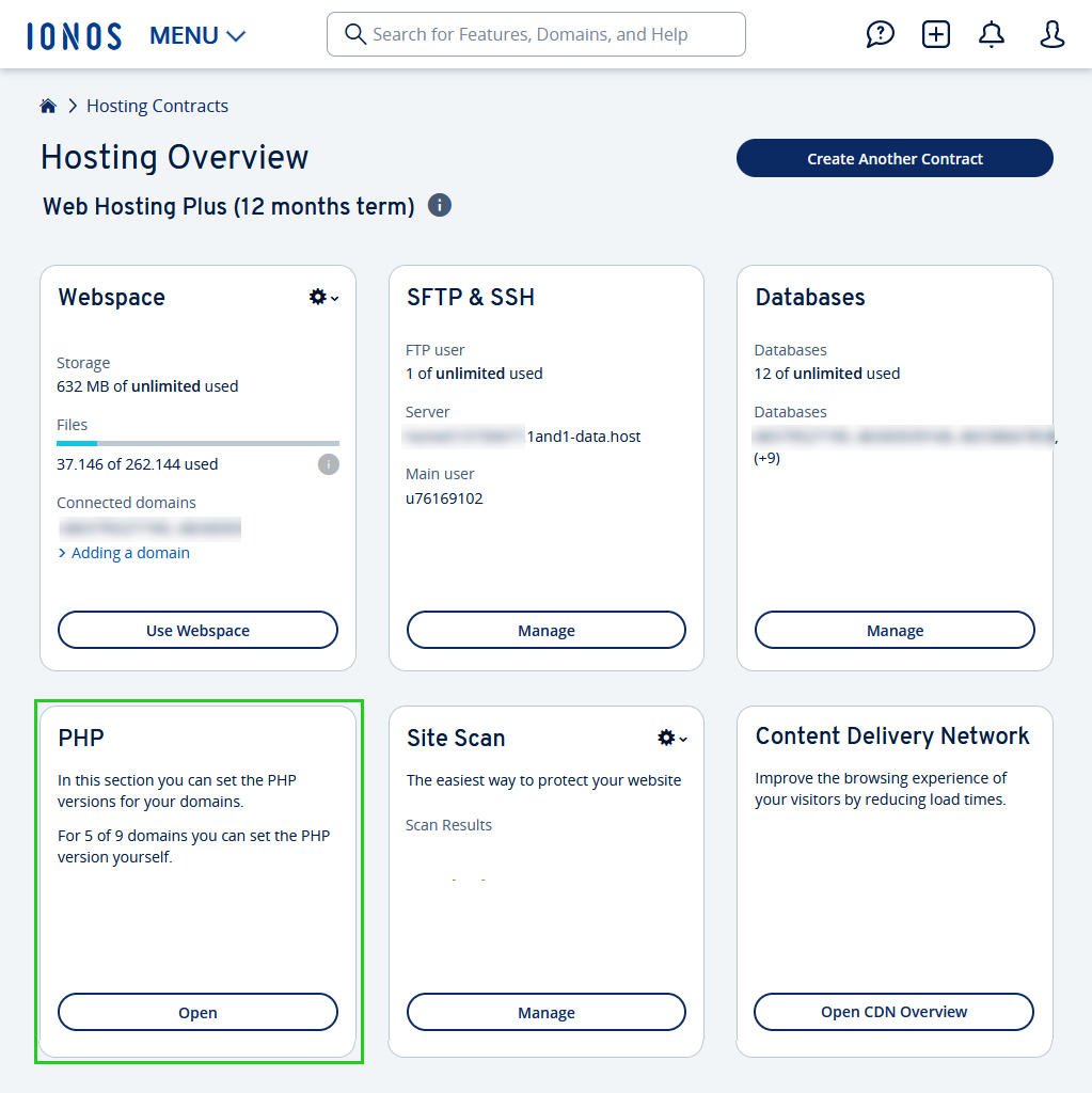 The Hosting Overview page of the IONOS account with the PHP tile highlighted.