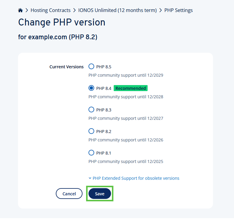 A list of PHP versions available for an example domain, with the Save button highlighted.