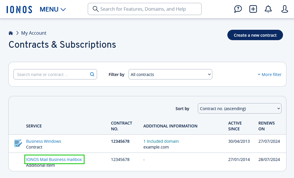 An example contract is highlighted in the Service column of the Contracts & subscriptions page.