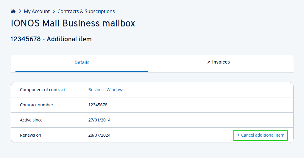 The Cancel additional item link is highlighted on the Details tab of the additional item.