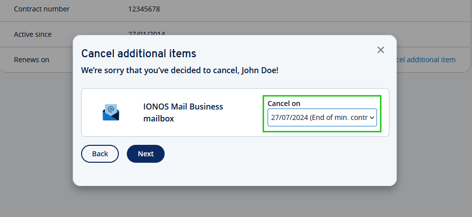 The cancellation date option is highlighted in the Cancel additional items window.