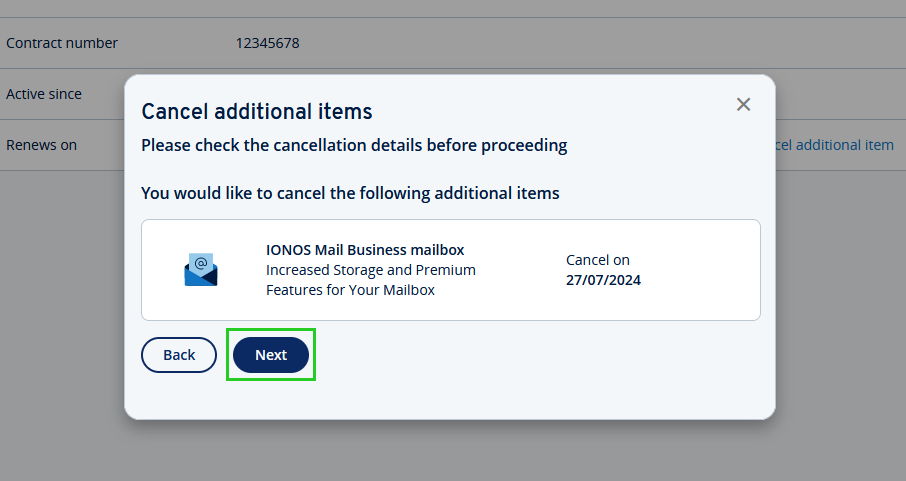 The Next button is highlighted in the Cancel additional items window.