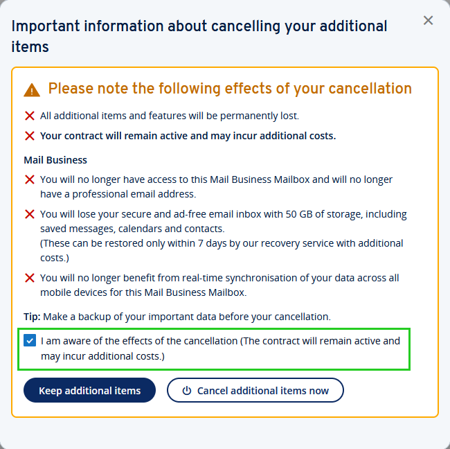 The cancellation warning notice is highlighted on the Important information about cancelling your additional items page.