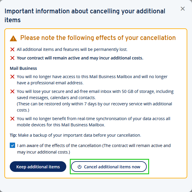 The Cancel additional items now button is highlighted on the Important information about cancelling your additional items page.