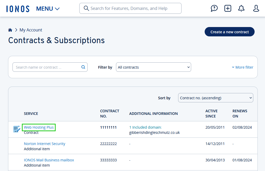 An example contract name is highlighted under the Service tab of the Contracts & Subscriptions page.