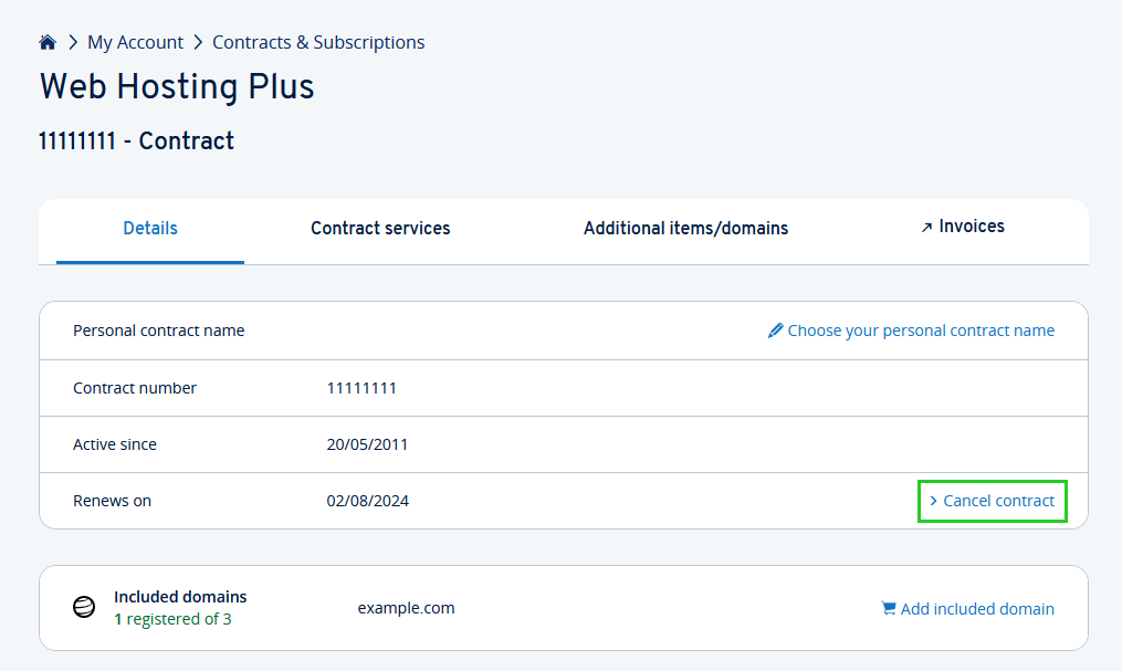 The Cancel contract link is highlighted on the Details tab of the contract.