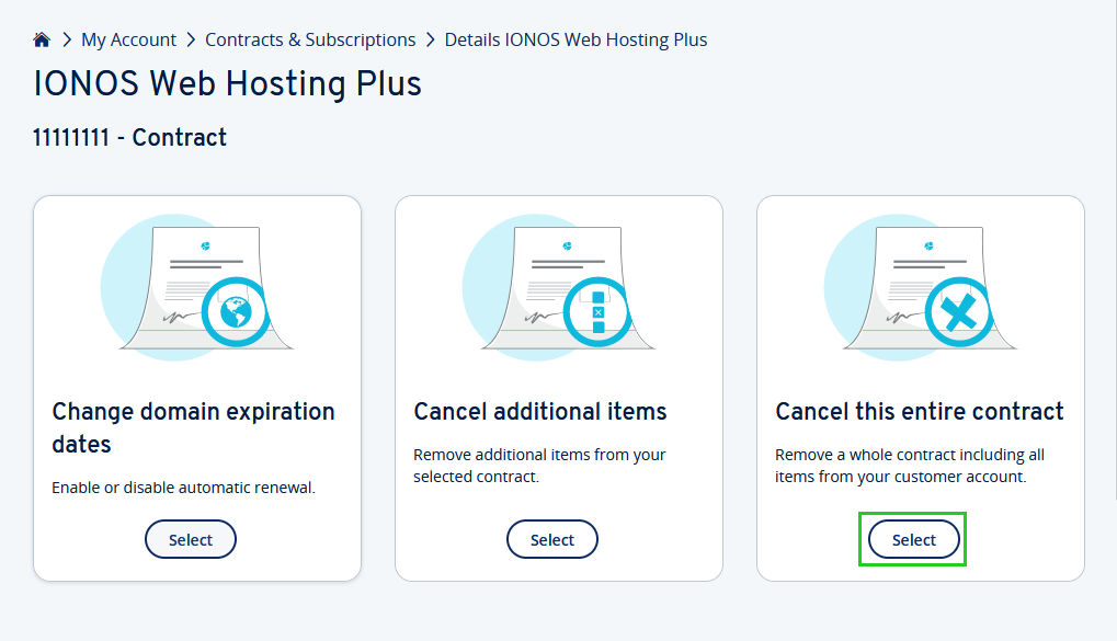 The Select button is highlighted in the Cancel this entire contract tile.