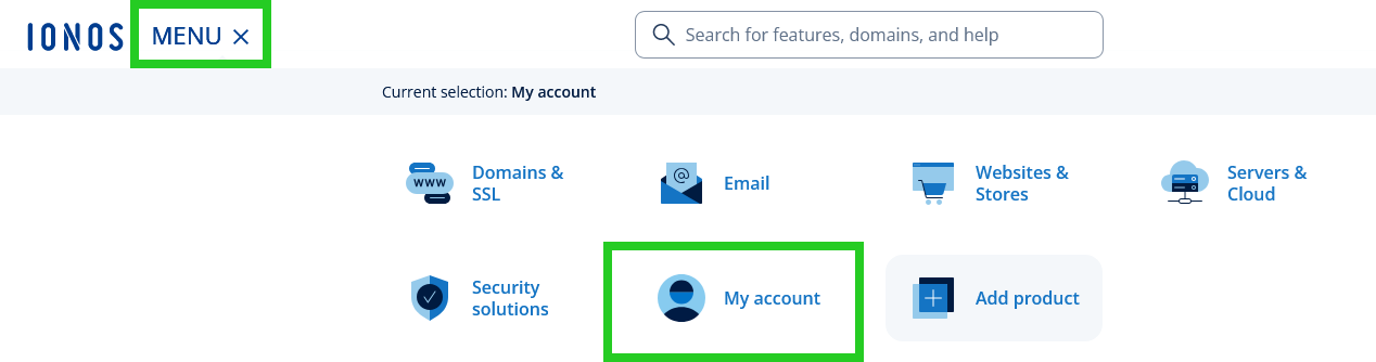 The My account option highlighted within the IONOS Menu.
