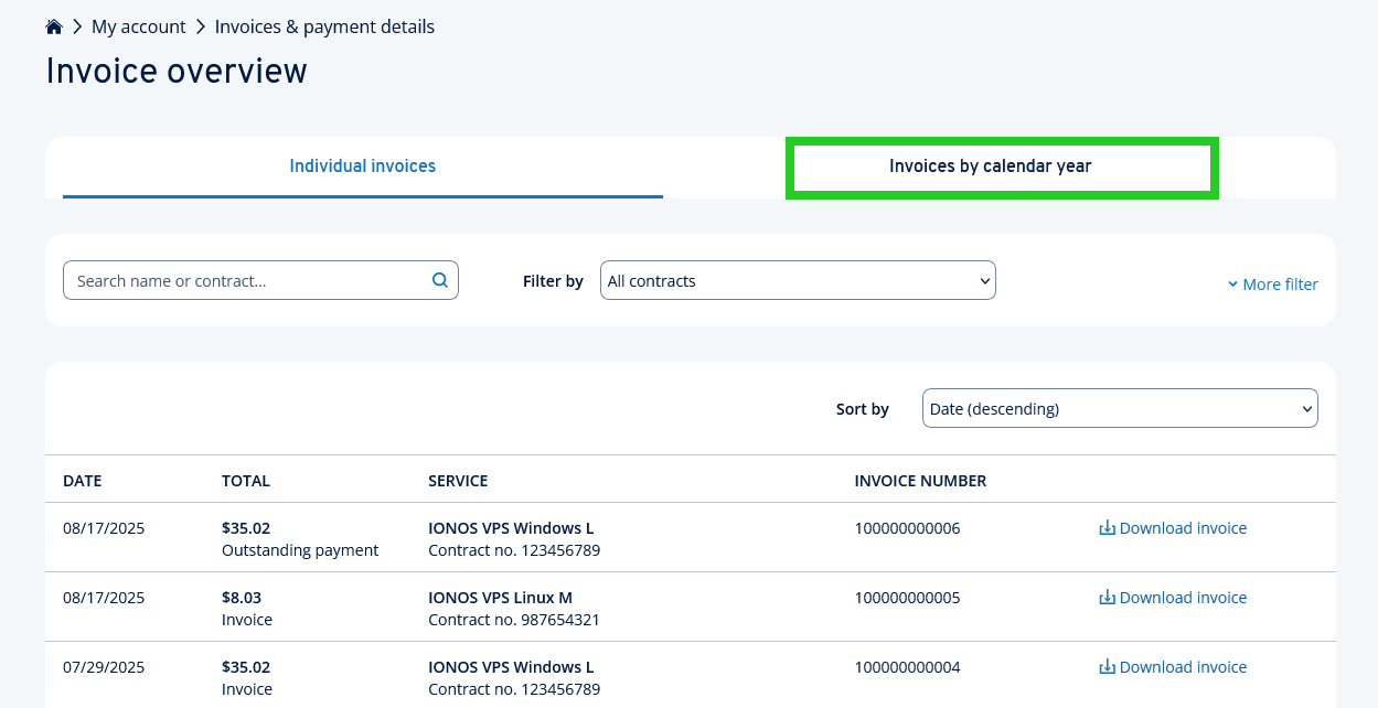 The Invoices by calendar year tab highlighted on the Invoice overview page.