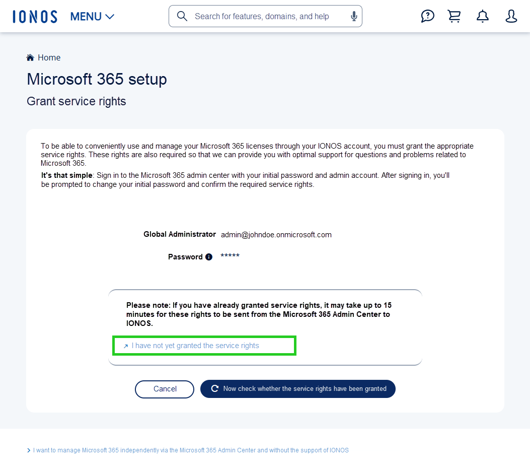 Screenshot: The Set up Microsoft 365 page appears. On this page, the link "I have not yet granted the service rights" is highlighted.