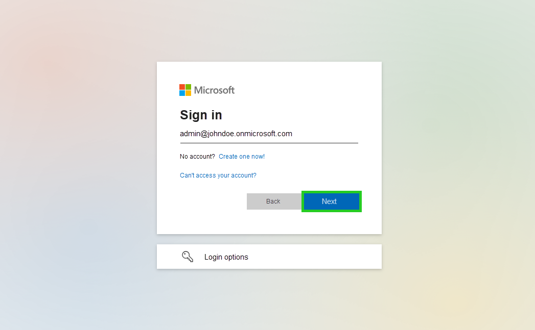 Screenshot: The Sign In window appears. The Next button is highlighted.