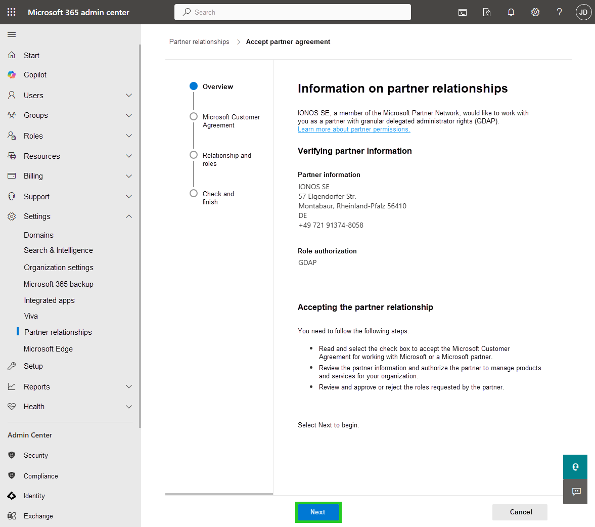 Screenshot: The Partner Relationship Information page appears. The Next button is highlighted.