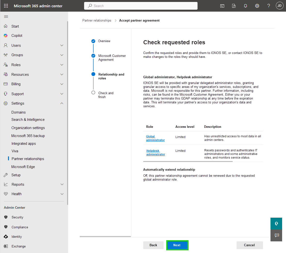 Screenshot: The Review Requested Roles page appears. The Next button is highlighted.