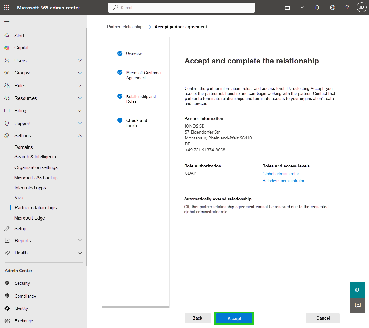 Screenshot: The Accept and Complete Partner Relationships page appears. The Accept button is highlighted.