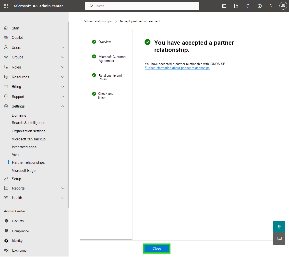Screenshot: The You Have Accepted a Partner Relationship page appears. The Close button is highlighted on this page.