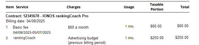 Image of an IONOS invoice with the billing items referred to in this Help Center article.