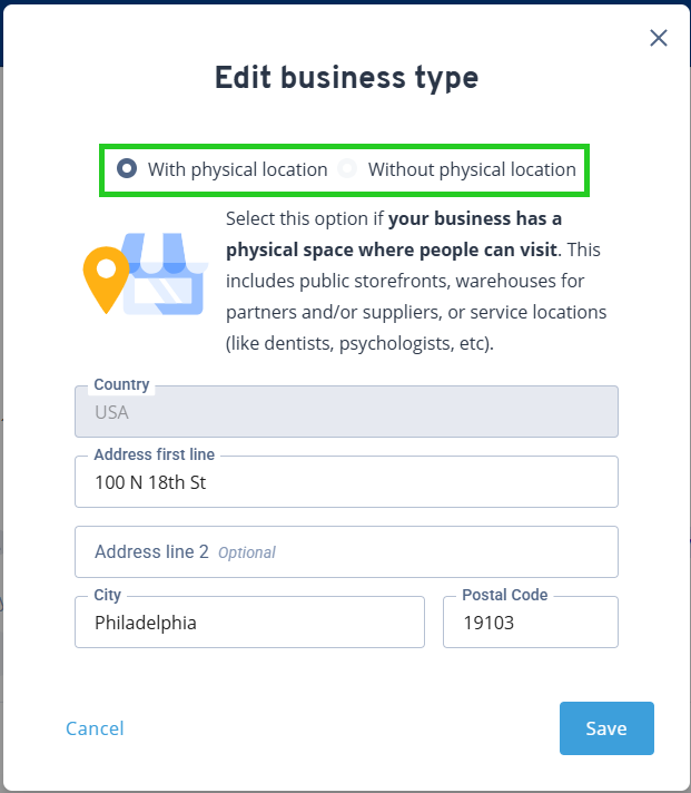 When you edit the business type, you can no longer switch between "With physical location" and "Without physical location".