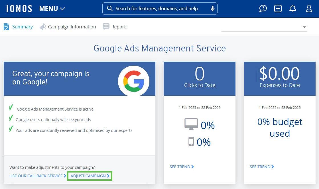 An image showing the Adjust Campaign link within Google Ads Management Service.