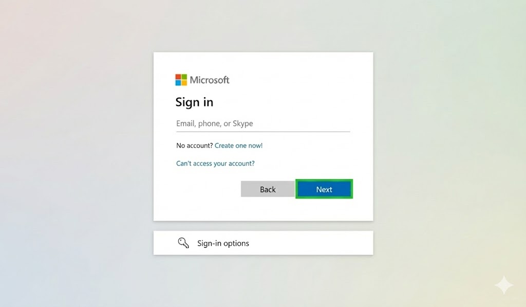 The Microsoft 365 login screen with the Next button highlighted.