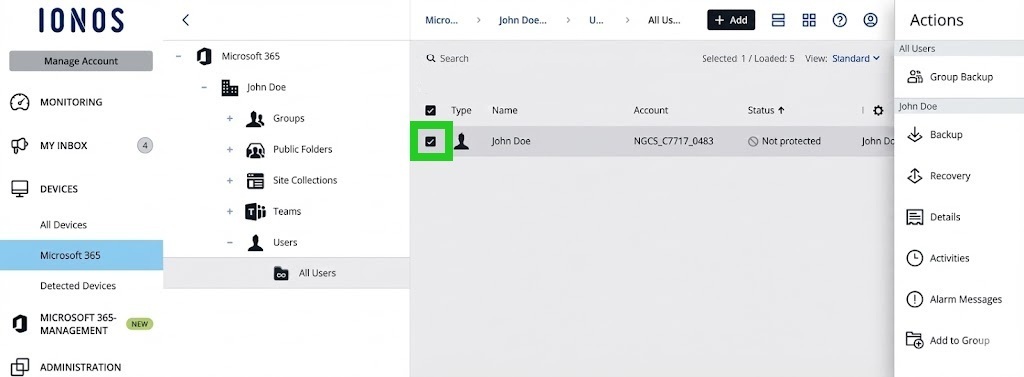 The checkmark is highlighted next to the user in the MyDefender administration.