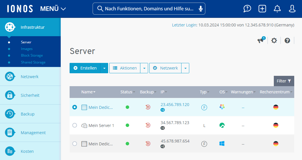 Screenshot: Im Cloud Panel wird der Bereich Infrastruktur > Server angezeigt.