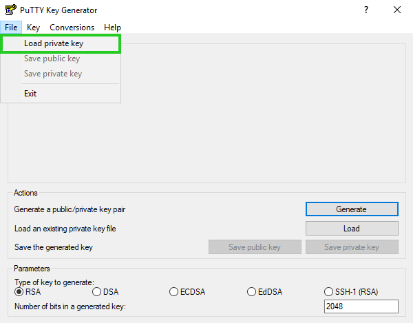 Screenshot: PuTTY Key Generator mit hervorgehobener Option Load private key im Menü File