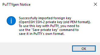 Screenshot: PuTTYgen-Dialogfenster mit der Meldung über den erfolgreichen Import eines Fremdschlüssels und der Anweisung, ihn im PuTTY-Format zu speichern.