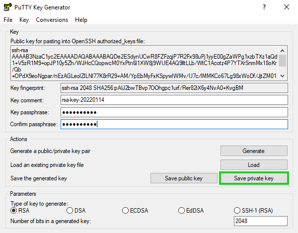 Screenshot: PuTTY Key Generator mit ausgefüllten Feldern für Key-Kommentar und Passphrase; Schaltfläche "Save private key" hervorgehoben.