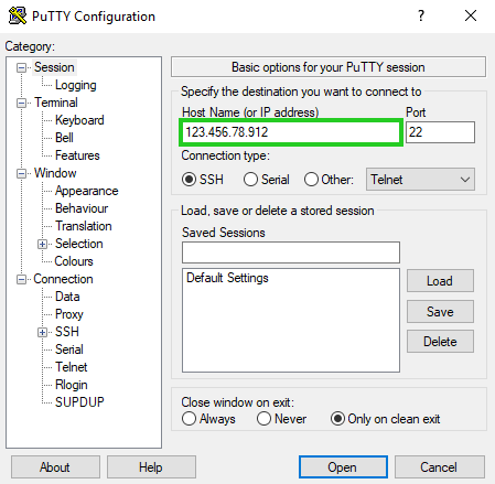 Screenshot: PuTTY-Konfigurationsfenster mit eingegebener Host-IP-Adresse und ausgewähltem Verbindungstyp SSH.