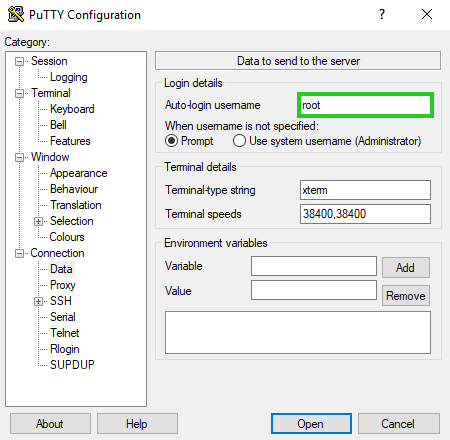 Screenshot: Das PuTTY-Konfigurationsfenster wird angezeigt. In diesem Fenster ist das Feld Auto-login username hervorgehoben. In dem Feld ist der Benutzername root eingetragen. 