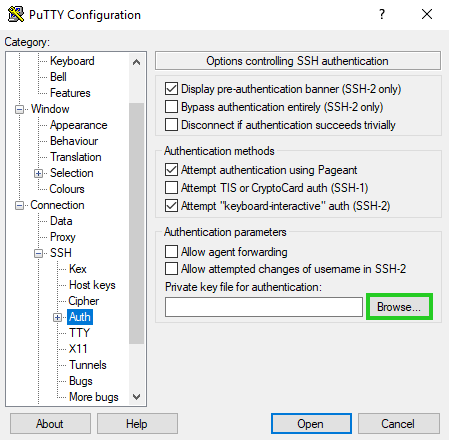 Screenshot: Im PuTTY-Konfigurationsmenü im Bereich Authentication parameters ist Schaltfläche Browse zum Auswählen der privaten Schlüsseldatei für die Authentifizierung hervorgehoben. 