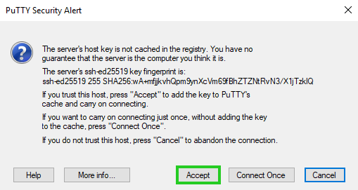 Screenshot: Das Fenster PuTTY Security Alert wird angezeigt. In diesem Fenster ist die Schaltfläche Accept hervorgehoben, mit der man den Host-Schlüssel bestätigt und speichert. 