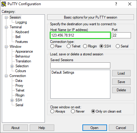 A PuTTY configuration screen highlighting Host Name