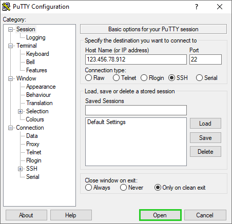 A PuTTY configuration screen highlighting the Open button