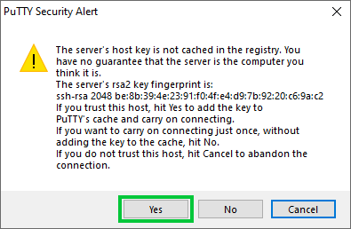 The first time connecting, a PuTTY Security Alert will warn that the server's host key is not cached in the registry