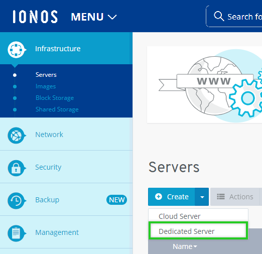 The Servers page under the Infrastructure tab within the Cloud Panel, with the Dedicated Server creation link highlighted.