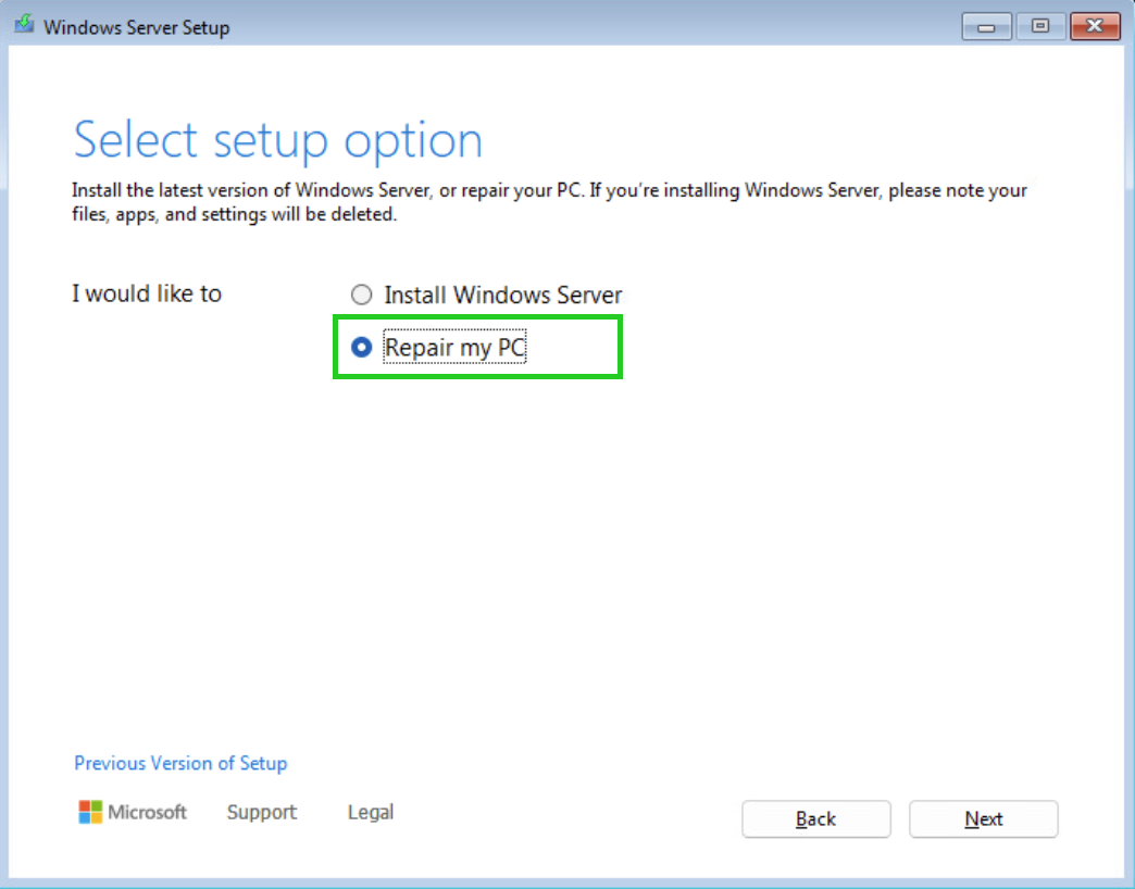 The select setup option screen of the Windows Server Setup application with the Repair my PC radio button highlighted.