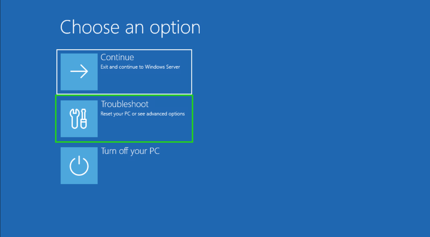 The Choose an option screen with the Troubleshoot option highlighted.