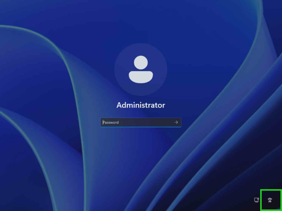 The Windows Server 2025 login screen with the accessibility icon highlighted.