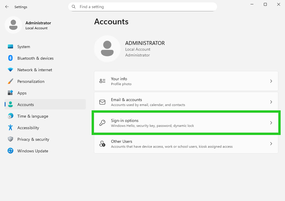 The Windows Server 2025 Accounts window with Sign-in options highlighted.