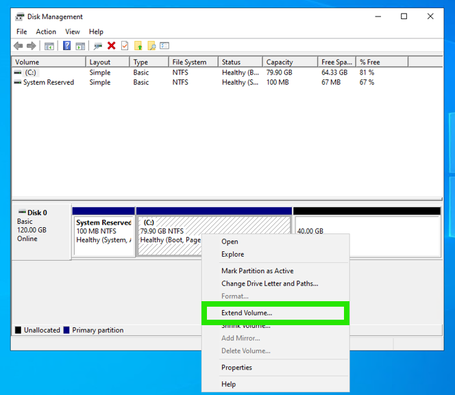 Extend Volume is highlighted within the Disk Management context menu.