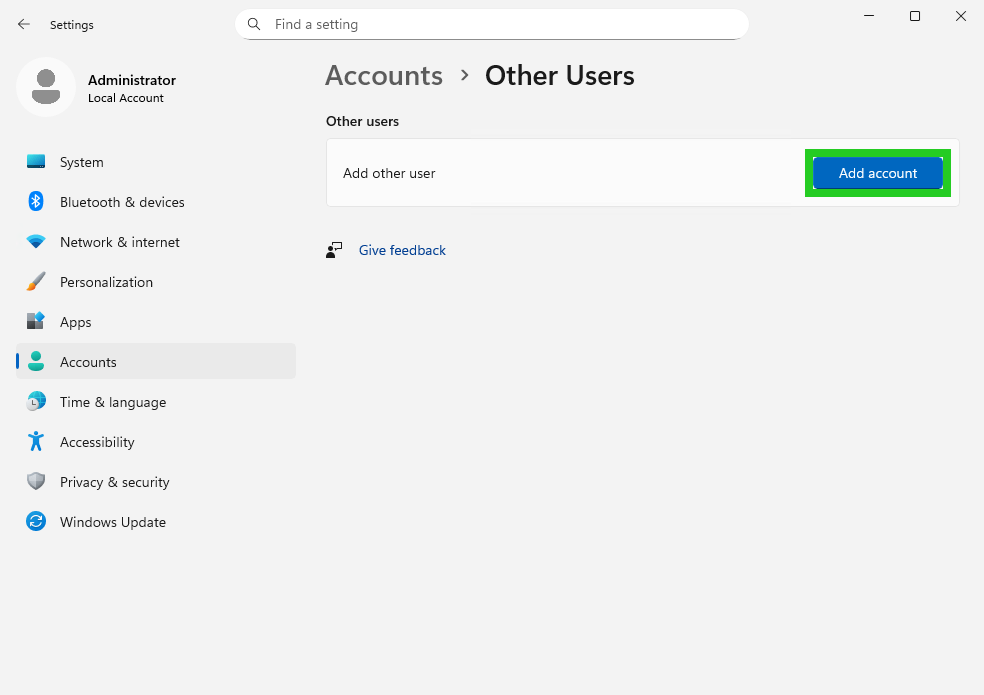 The Other Users window of the Windows Server 2025 Settings application with the Add account button highlighted.