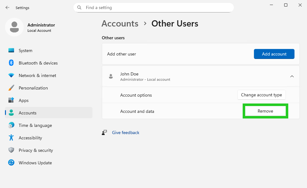The Other Users area of the Windows Settings application, with the Remove button highlighted.