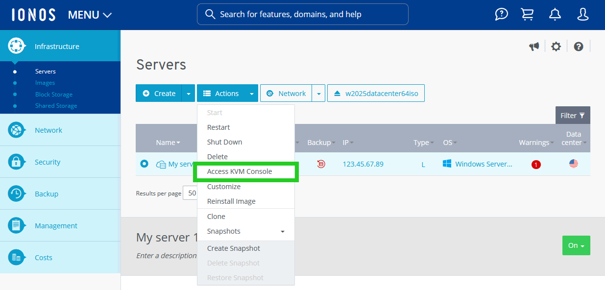 The Cloud Panel with the Access KVM Console option highlighted within the Actions menu.
