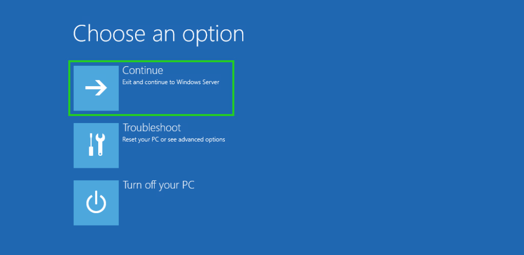 Screenshot: Der Auswahlbildschirm Choose an Option wird angezeigt. In diesem Bildschirm ist die Option Continue hervorgehoben.