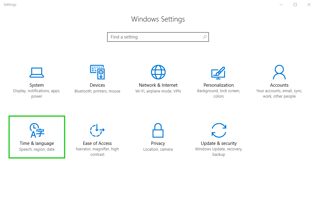 Screenshot: Im Bereich Windows Settings ist die Option "Time & language" hervorgehoben, wo Sie die Spracheinstellungen ändern können.