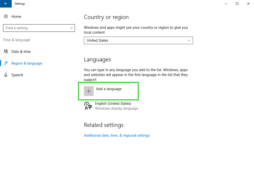 Screenshot: Im Bereich "Region & language" ist die Schaltfläche Add a language hervorgehoben. Nach einem Klick auf diese Schaltfläche können Sie eine neue Sprache hinzufügen.
